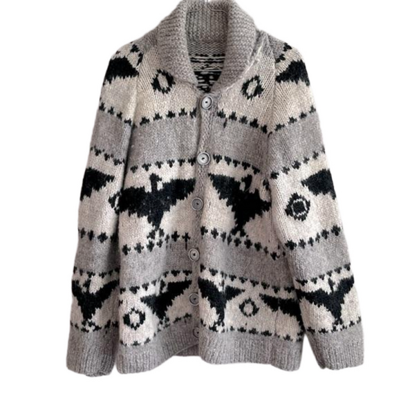 Artisan Sweaters - 🔥COWICHAN Hand Knit LARGE Salish Sweater Thunderbird Wool Unisex Button